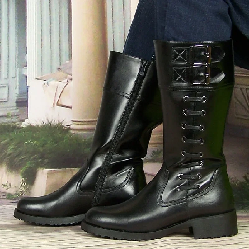 Men Genuine Leather Metal Buckle Mesh Inside High Equestrian Boots Motorcycle Botas Male Plush Inside Long Boots 191126