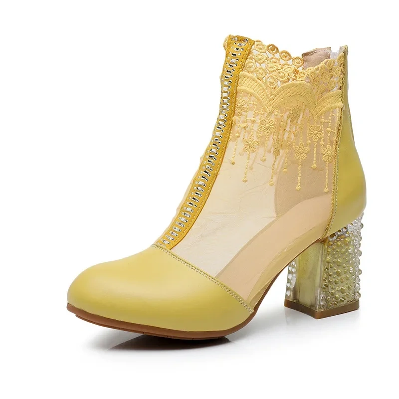 Summer New Arrival Fashion Thick High Heels Crystal Embroidery Cut Out Mesh Genuine Leather Women Ankle Short Modern Boots 2304