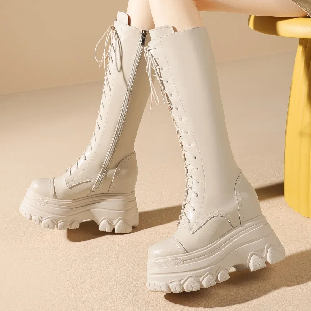 Spring Autumn Winter New Slim Height Increasing Platform Cross-tied Genuine Leather Women Knee-High Long Modern Boots 2309