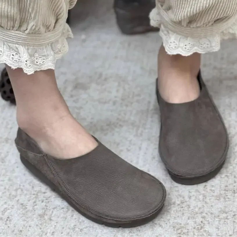 Women Flats Spring Autmun New Leisure Retro Chunky Bottom Square Toe Sewing Slip-On Genuine Leather Ladies Casual Lazy Shoes 230