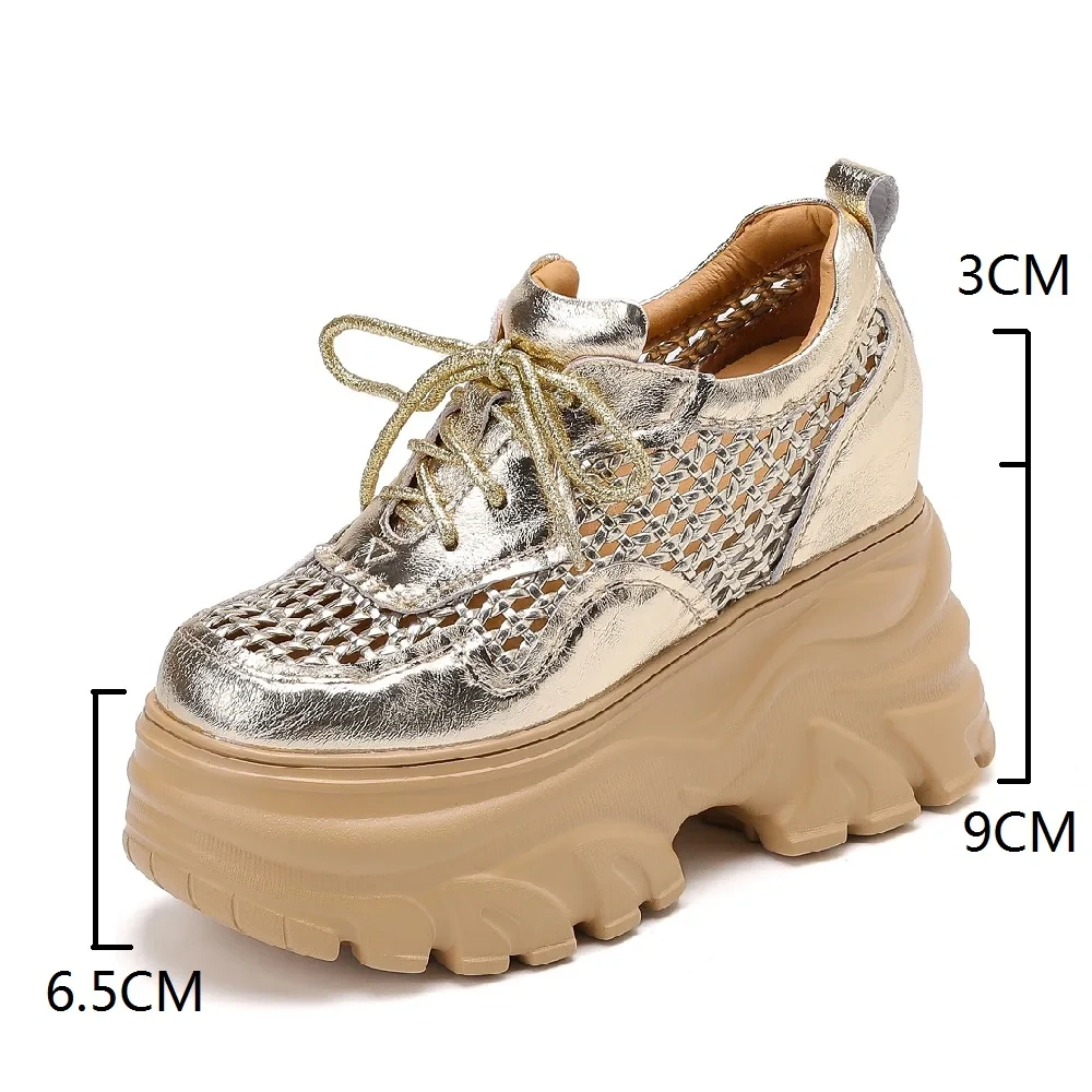 Women Spring  Autumn New 12 CM Thick Platform Sneakers Genuine Leather Hollow Out Breathable  Hidden Wedge Heel Shoes 50423