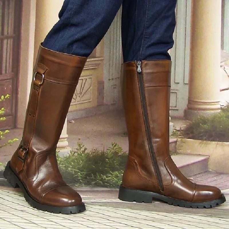 Spring Autumn New British Style Thick Heels Buckle Belt Sewing Full Grain Leather Men Knee-High Long Boots 2104