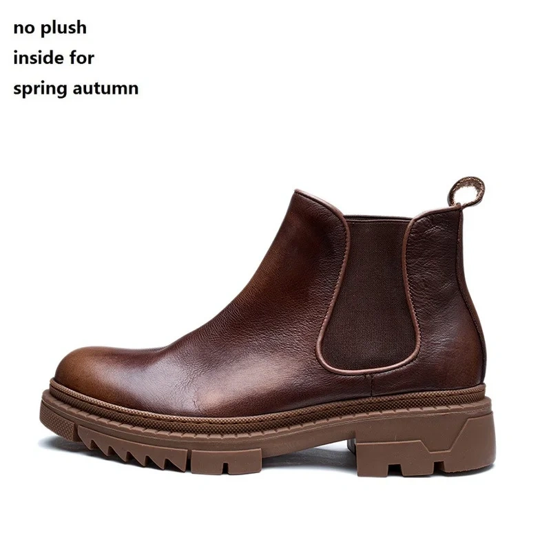 Spring Autumn Men Genuine Leather Round Toe Chunky Bottom Short Boots Thick Warm Fashion Retro Mixed Colors Single Shoes 230228