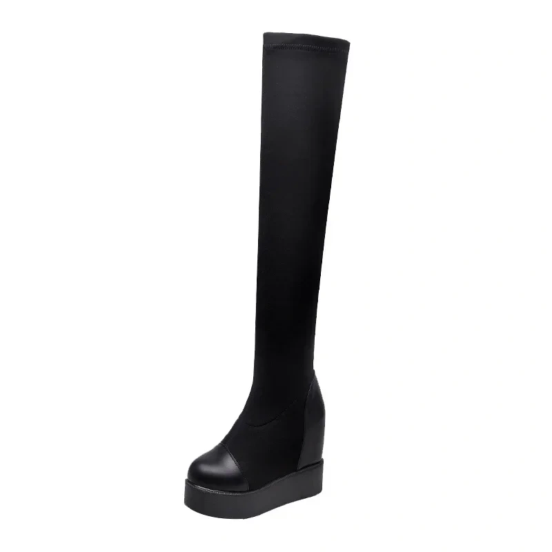 Spring Autumn New Slim Height Increasing Platform Stretch Fabric Women Over-the-Knee Long Boots Summer Peep Toe Boots 41225