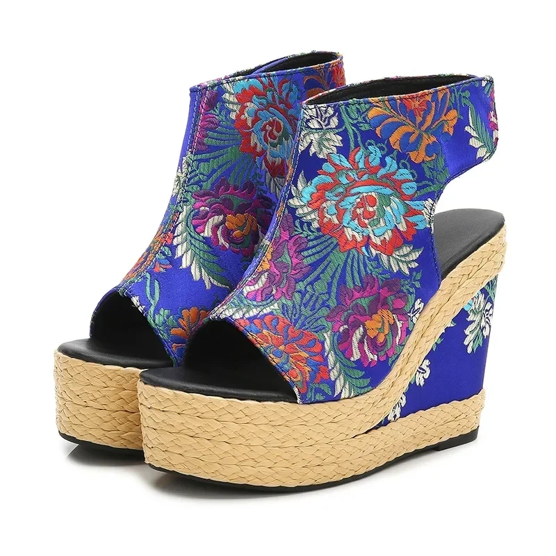 Summer New National Style Slim Wedges High Heels Platform Peep Toe Straw Plaited Article Embroider Slik Women Gladiator Sandals