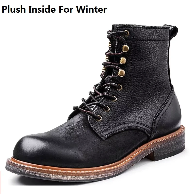 Spring Autumn New British Style Thick Heels Patchwork Rivet Sewing Genuine Leather Men Ankle High Top Motorcycle Boots 2302