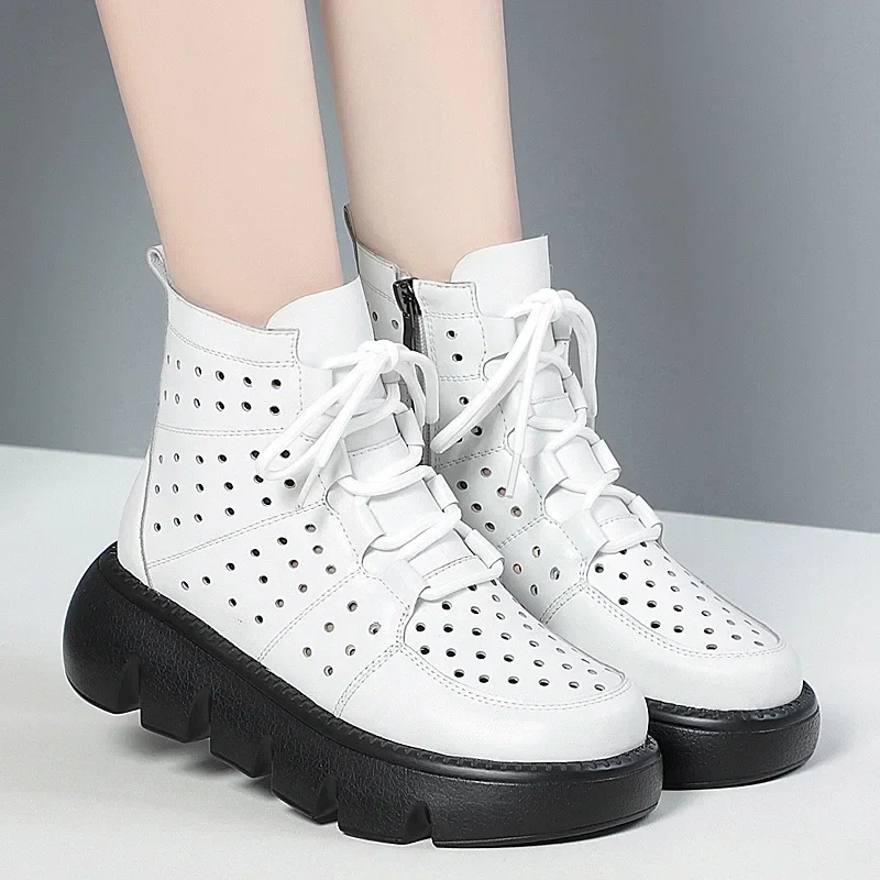 Summer New Fashion Thick Bottom Platform Cut Out Hollow Cross-tied Sewing Genuine Leather Women Ankle Short Modern Boots 230412
