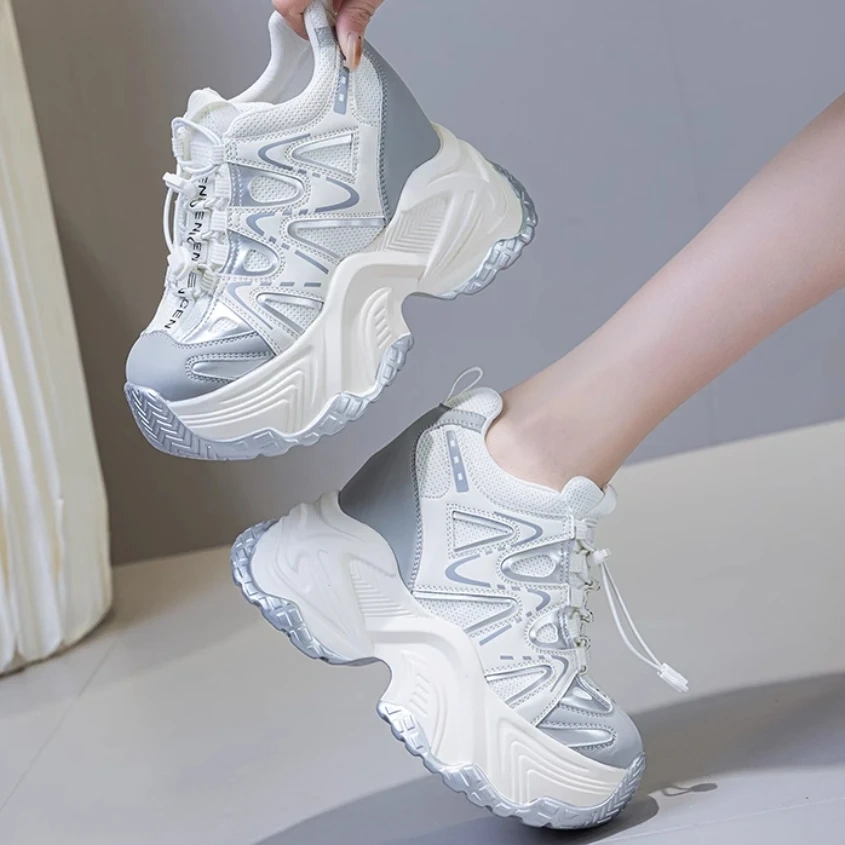Women Spring Autumn New 13 CM Thick Sole Inner Height Increasing Shoes Elastic Band Genuine Leather Breathable Sneakers 50401