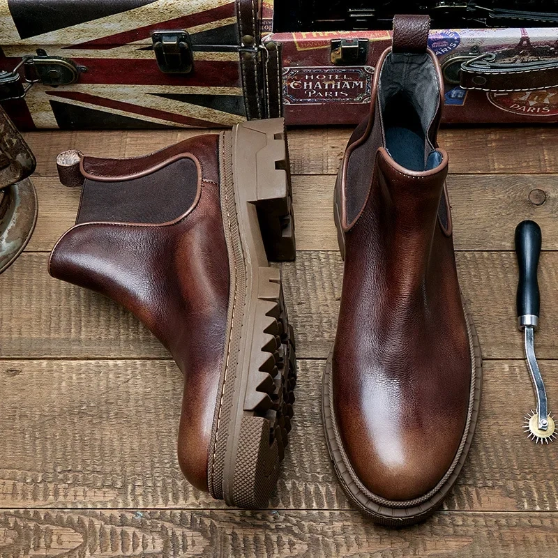 Spring Autumn Men Genuine Leather Round Toe Chunky Bottom Short Boots Thick Warm Fashion Retro Mixed Colors Single Shoes 230228