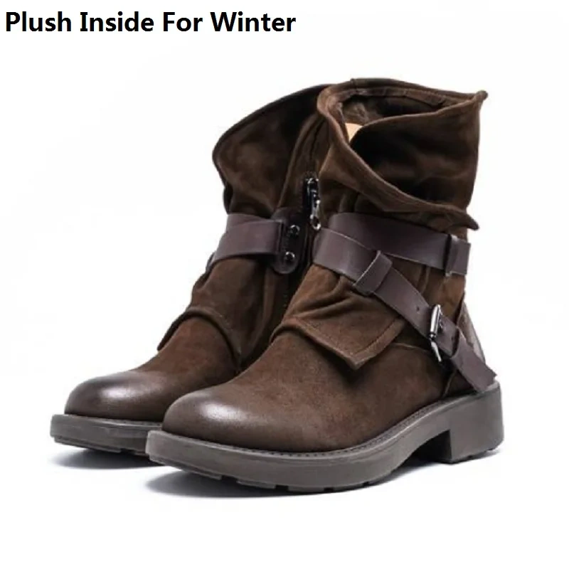 Spring Autumn British Style Retro Thick Heels Buckles Strap Genuine Leather Women Mid-Calf Half Motorcycle Boots Winter Plush