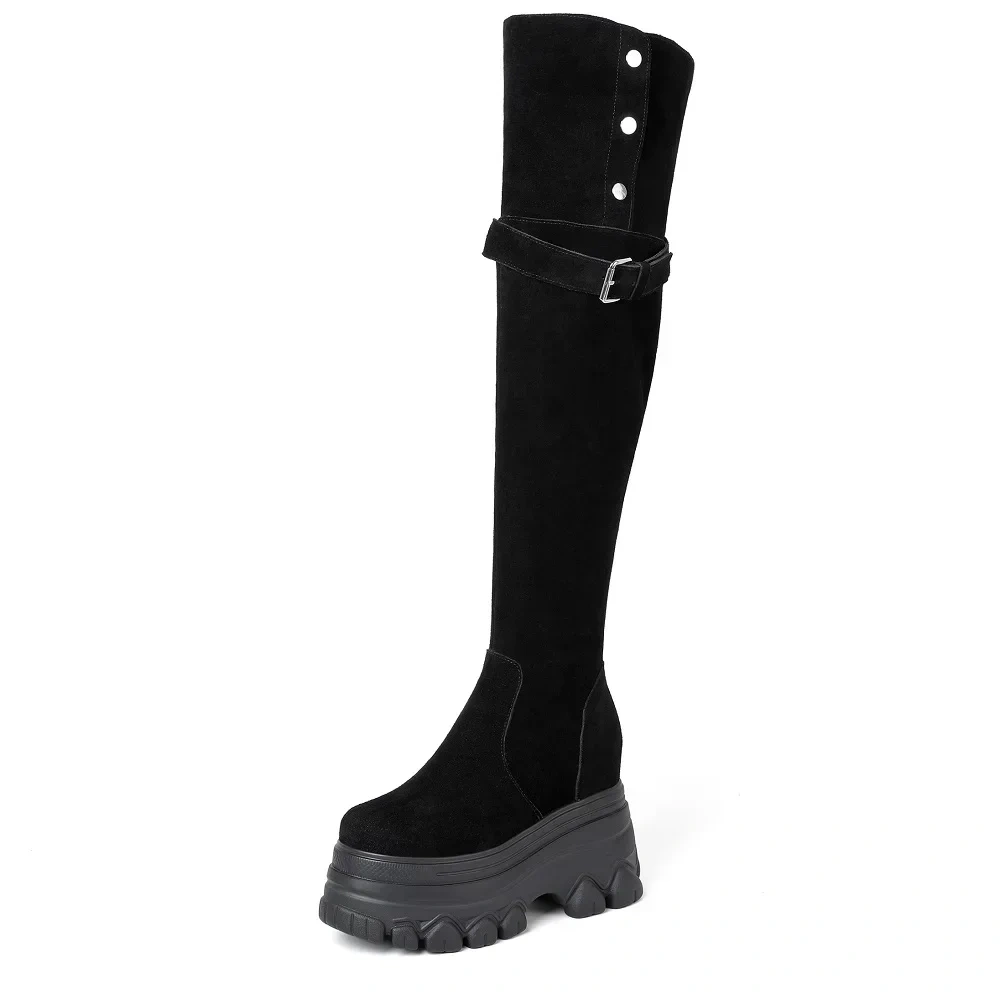Spring Autumn Winter New Slim Height Internal Platform Belt Buckle Button Genuine Leather Women Over-the-Knee Long Stretch Boots