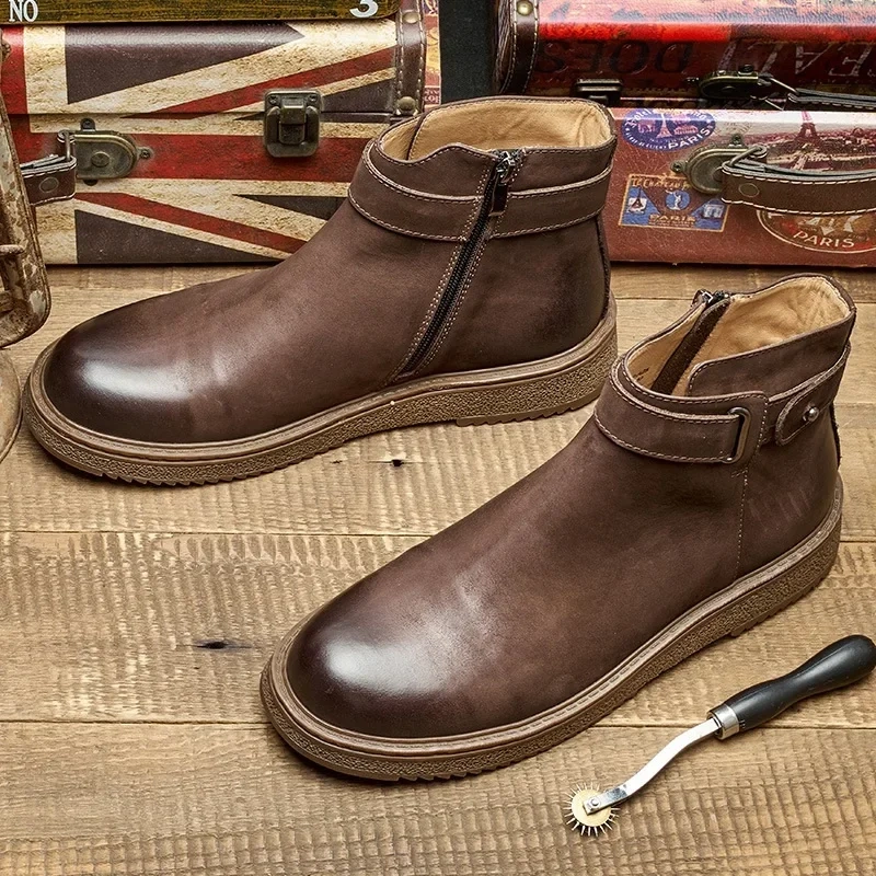 Spring Autmun New British Style Retro Chunky Bottom Sewing Genuine Leather Men Ankle Short Motorcycle Boots Winter Plush 230427