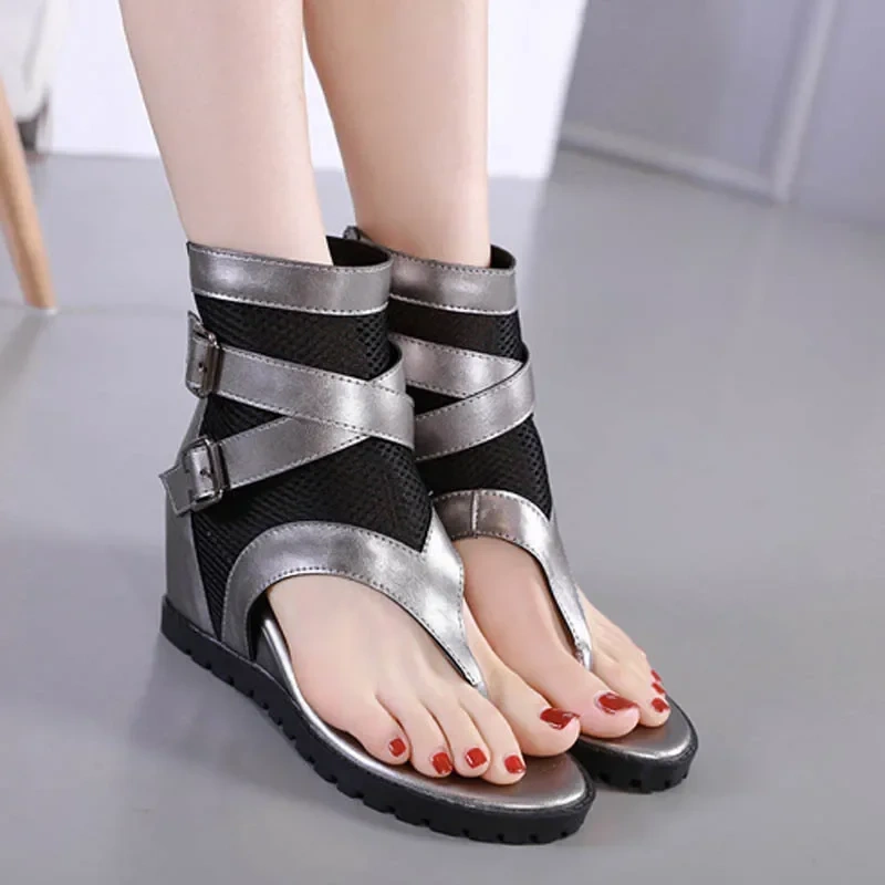 Summer New Fashion Wedges Flip Flop Narrow Band Buckle Belt Cut Out Mesh Patent Leather Women Ankle Short Gladiator Boots 2304