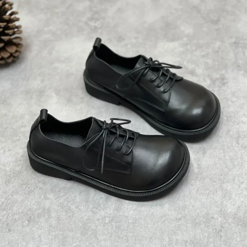 Spring Autmun New British Style Leisure Thick Bottom Sewing Square Toe Lace-Up Genuine Leather Women Casual Low Top Pumps 230413