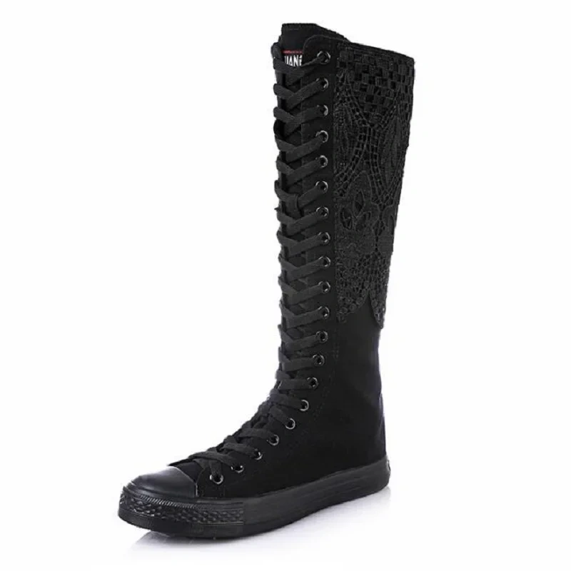 Spring Autumn New Korean Style Slim Flat Heels Embroider Cross-tied Plus Size 42 43 Canvas Lace Women Knee-High Long Boots 0521