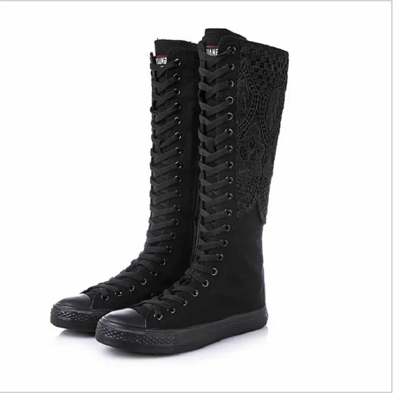 Spring Autumn New Korean Style Slim Flat Heels Embroider Cross-tied Plus Size 42 43 Canvas Lace Women Knee-High Long Boots 0521