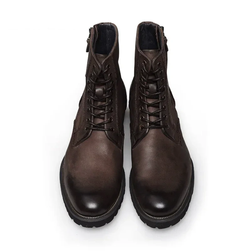 Spring Autumn New British Style Retro Chunky Bottom Rivet Sewing Cross-tied Genuine Leather Men Ankle High Top Motorcycle Boots