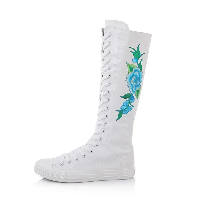 Women Dance Shoes Korean Style Slim Cross-tied Embroider Flowers Plus Size 42 43 Canvas Ladies Knee-High Long Equestrian Boots