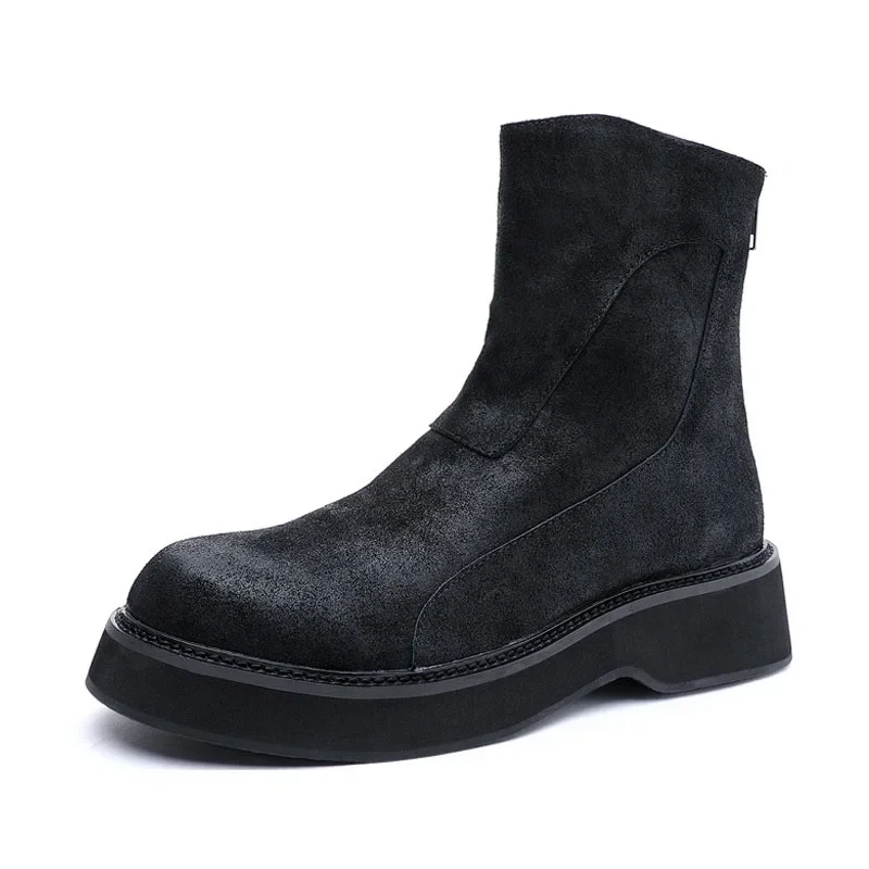 Spring Autumn British Style Thick Sole Sewing Genuine Leather Men High-top Short Riding Equestrian Boots Winter Plush Inside