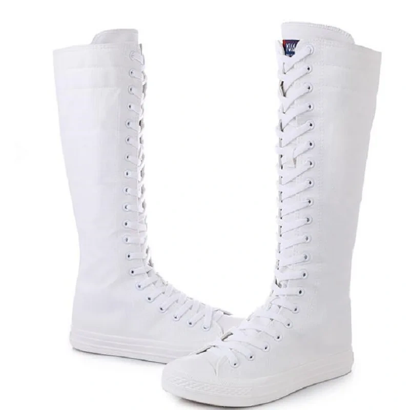 Korean Style Fashion Slim Casual High-top Plus Size 42 43 Canvas Ladies Dance Shoes Zipper Women Long Knee-High Boots 0515