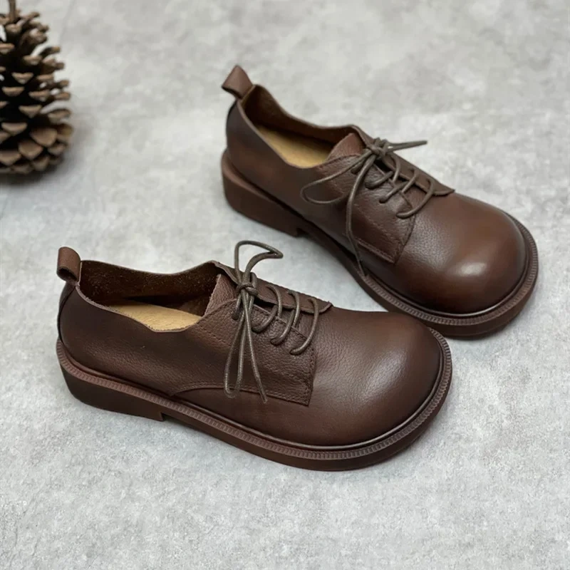 Spring Autmun New British Style Leisure Thick Bottom Sewing Square Toe Lace-Up Genuine Leather Women Casual Low Top Pumps 230413