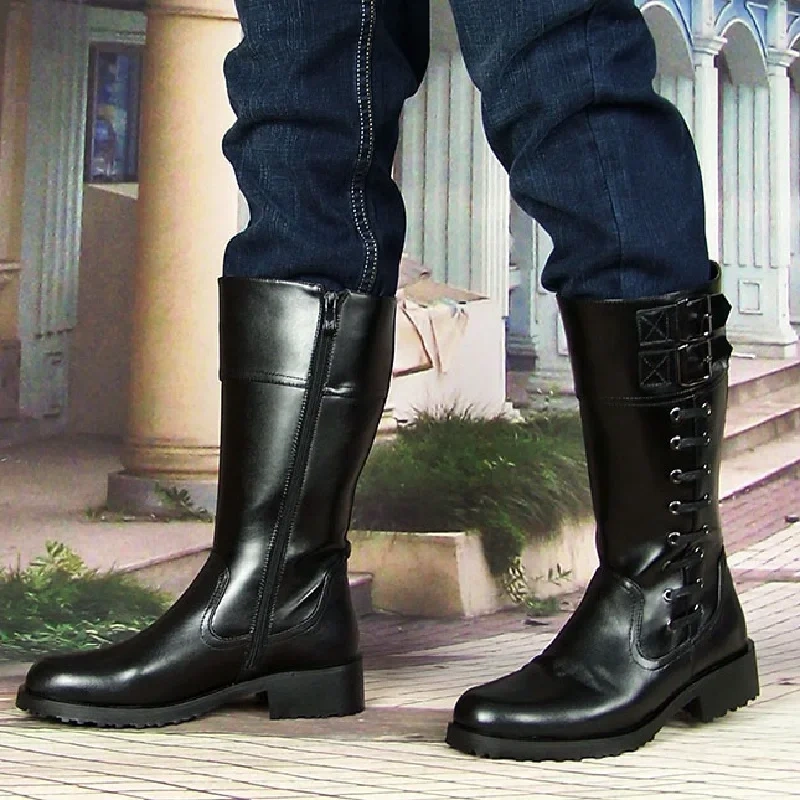 Men Genuine Leather Metal Buckle Mesh Inside High Equestrian Boots Motorcycle Botas Male Plush Inside Long Boots 191126