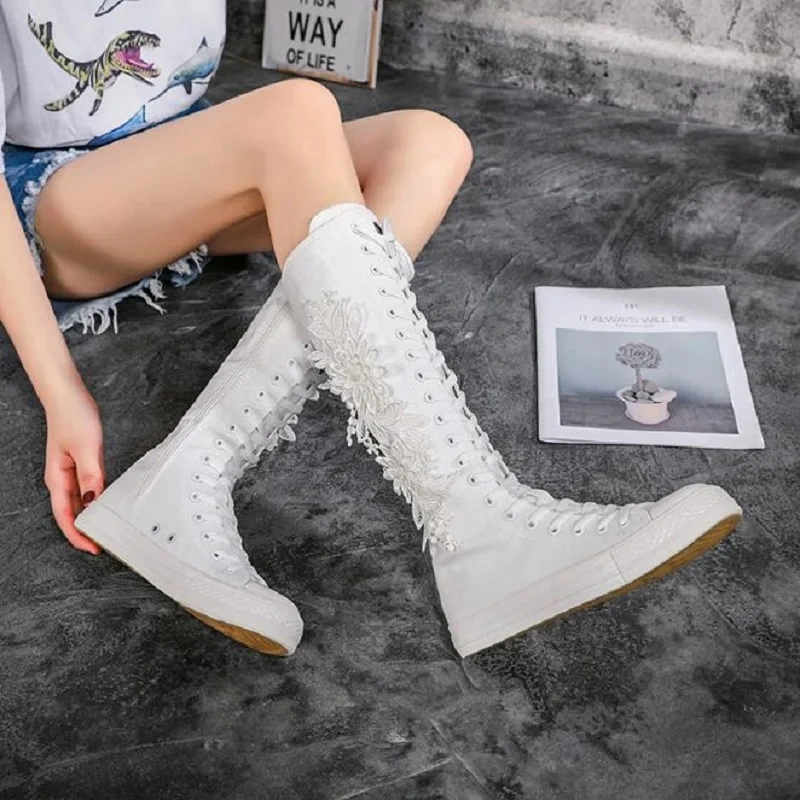 Spring Autumn New National Style Slim Flat Heels Embroidery Zipper Plus Size 40-43 Canvas Women Knee-High Long Boots 0522