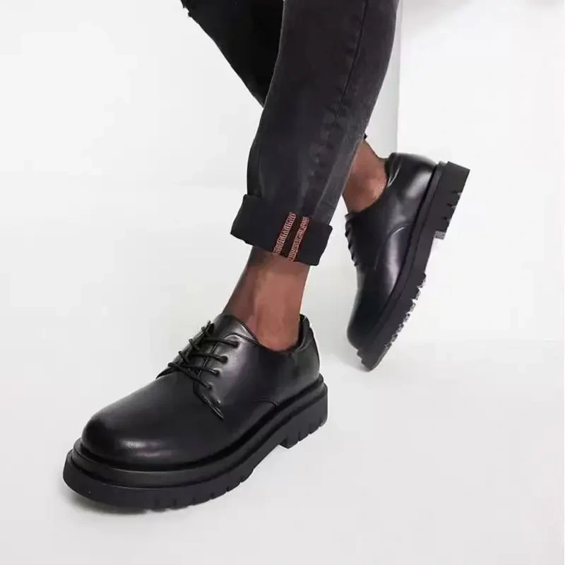 Men Work Shoes Spring Autumn New British Style Leisure Height Increasing Platform Cross-tied Genuine Leather Male Loafers 2305
