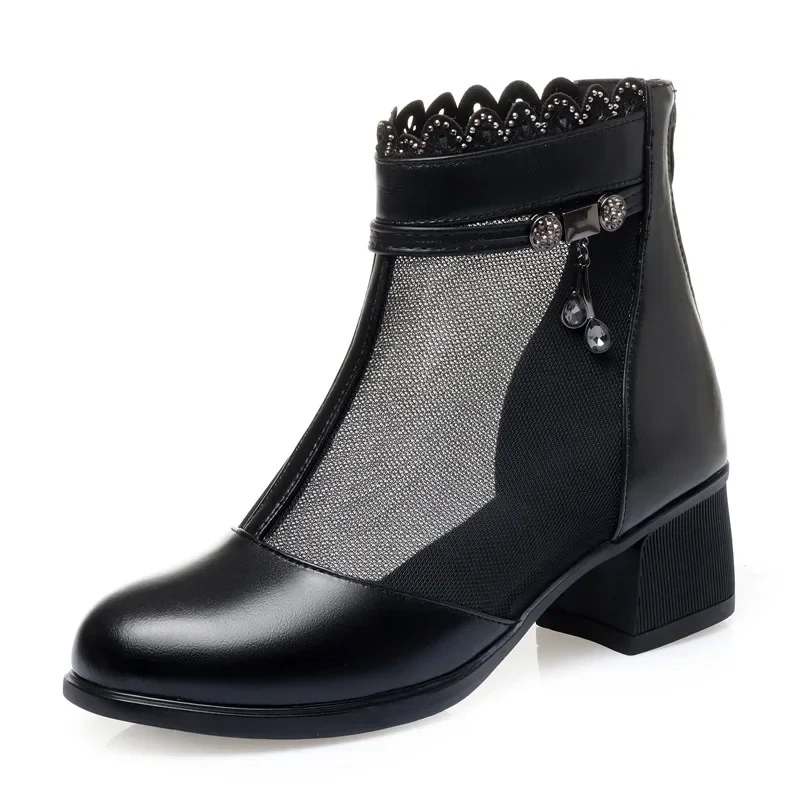 Summer New Fashion Thick Heels Peep Toe Metal String Bead Breathable Mesh Genuine Leather Women Ankle Short Modern Boots 2206