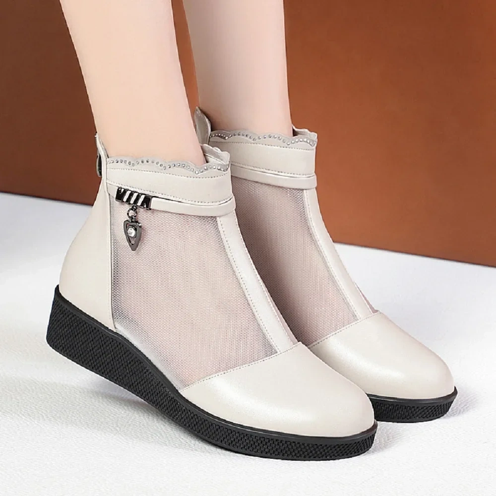 Summer New Fashion Wedges Round Toe Cut Out Mesh Crystal String Bead Sewing Genuine Leather Women Ankle Short Modern Boots 2304
