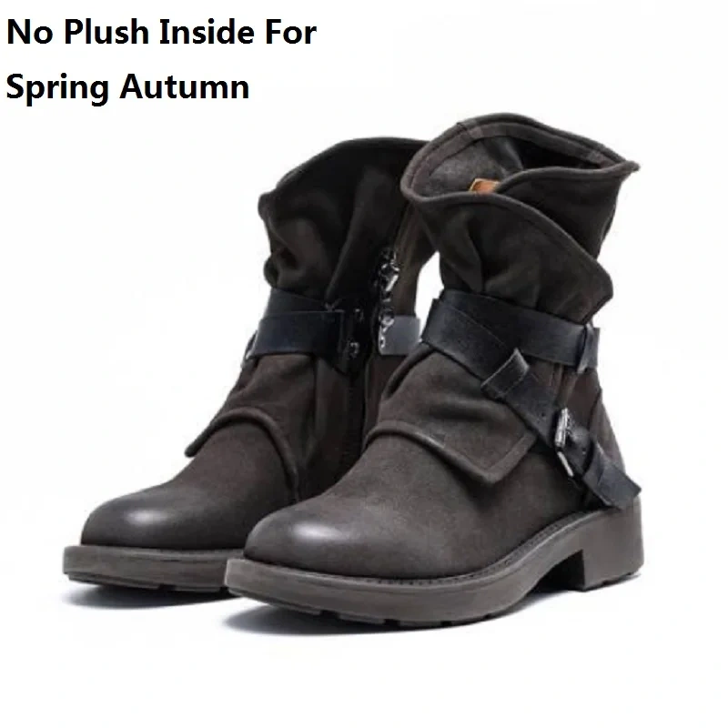 Spring Autumn British Style Retro Thick Heels Buckles Strap Genuine Leather Women Mid-Calf Half Motorcycle Boots Winter Plush