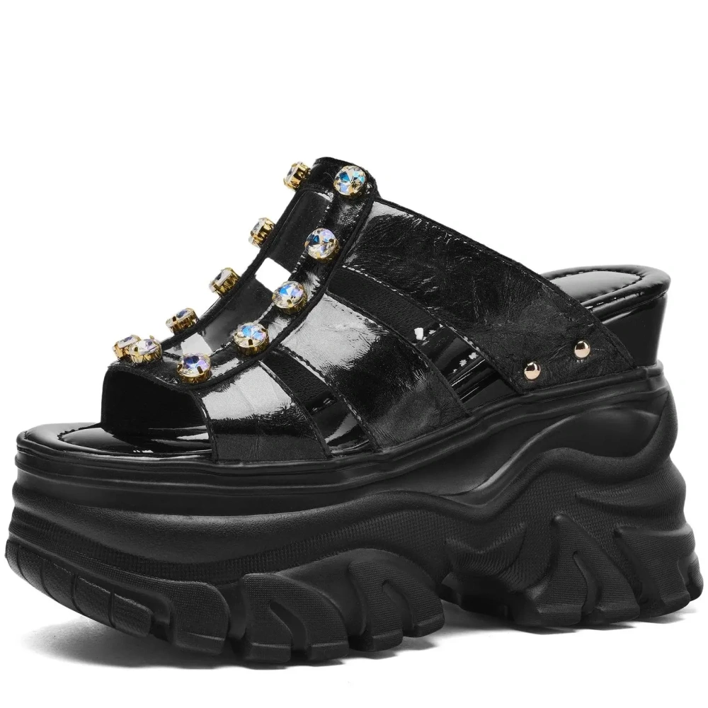 Women Summer New 12 CM Thick Sole Genuine Leather Peep Toe Sandals Rhinestone Rivets Slingbacks Slippers 50416