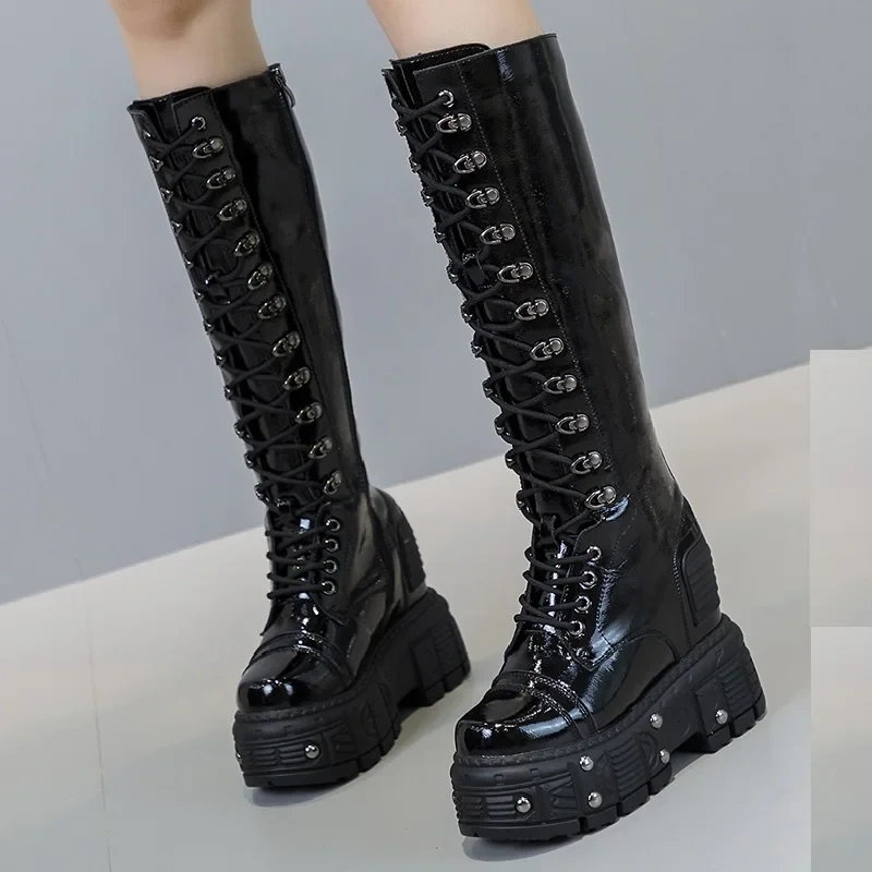 Spring Autumn Winter New Slim Height Increasing Platform Rivet Cross-tied Patent Leather Women Knee-High Long Modern Boots 41217