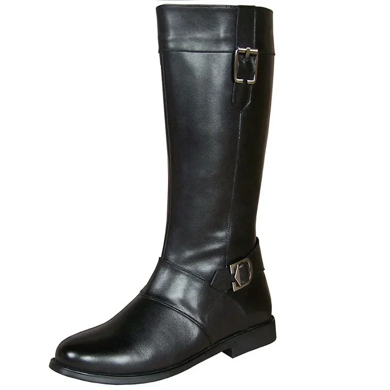 Spring Autumn New British Style Thick Heels Buckles Sewing Genuine Leather Men Knee-High Long Boots Winter Plush Inside