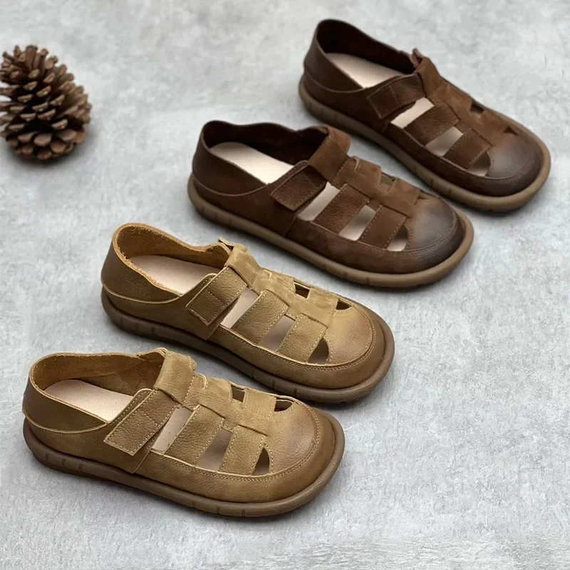 Summer New British Style Retro Chunky Bottom Narrow Band Cut Out Sewing Patchwork Genuine Leather Women Gladiator Sandals 2304