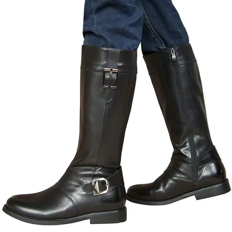 Spring Autumn New British Style Thick Heels Buckles Sewing Genuine Leather Men Knee-High Long Boots Winter Plush Inside
