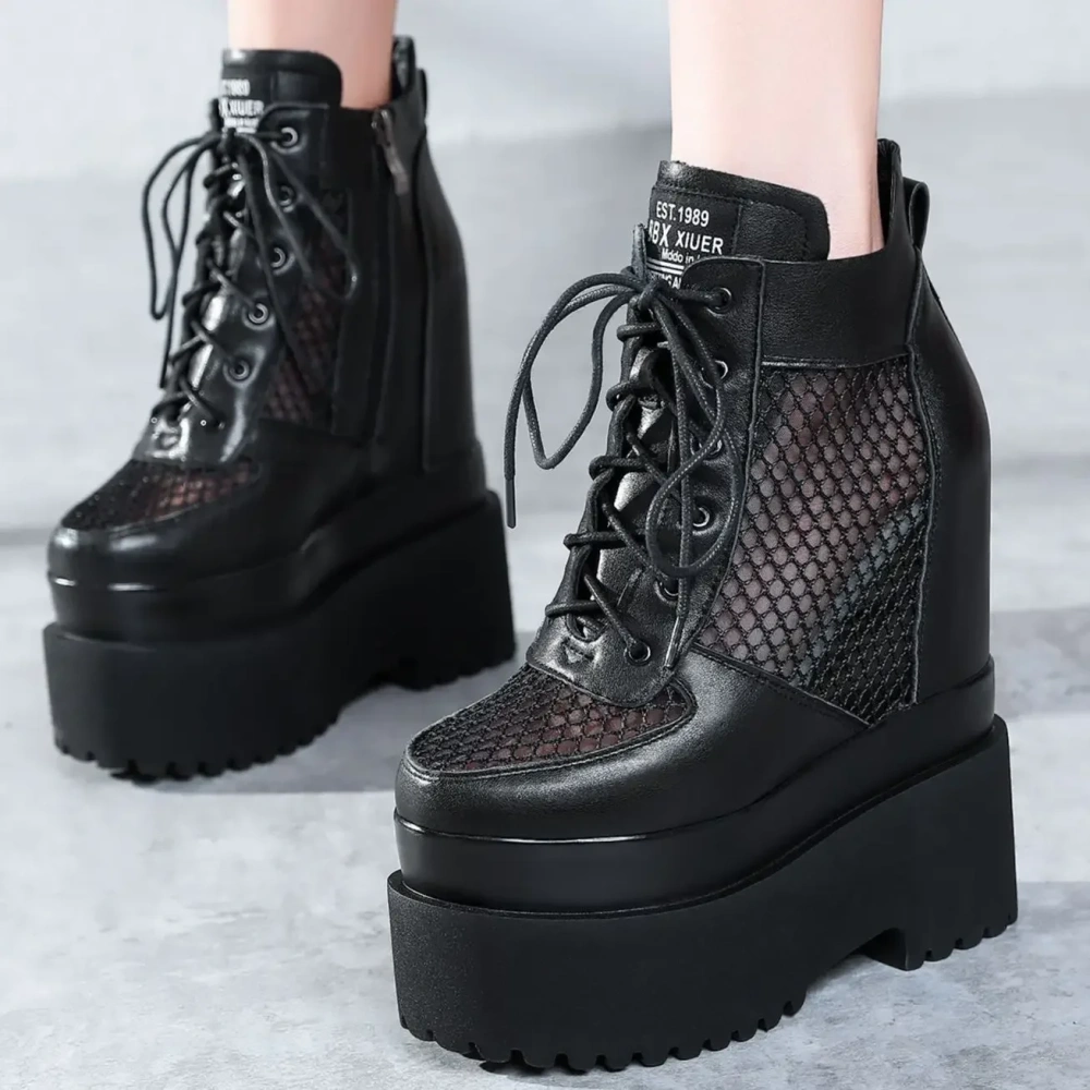 Summer New Slim Height Increasing Platform Cross-tied Hollow Cut Out Mesh Genuine Leather Women Ankle Short Modern Boots 2305