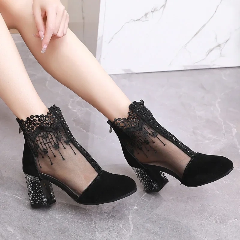 Summer New Arrival Fashion Thick High Heels Crystal Embroidery Cut Out Mesh Genuine Leather Women Ankle Short Modern Boots 2304