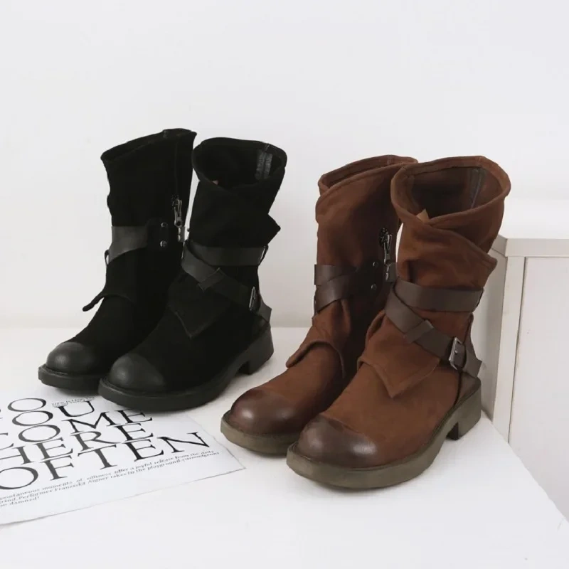 Spring Autumn British Style Retro Thick Heels Buckles Strap Genuine Leather Women Mid-Calf Half Motorcycle Boots Winter Plush