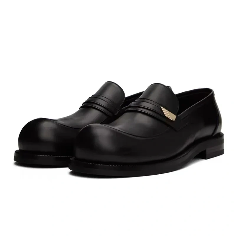 Men Loafers Shoes Spring Autumn New Leisure Thick Heels Metal Decoration Belt Slip-On Genuine Leather Male Leather Shoes 2305
