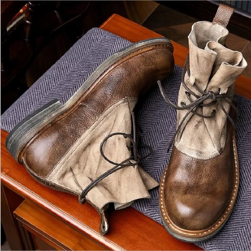 Spring Autumn Winter New British Style Retro Chunky Bottom Cross-tied Genuine Leather Men High Top Short Motorcycle Boots 2410