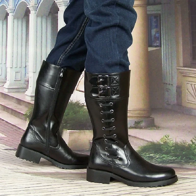 Men Genuine Leather Metal Buckle Mesh Inside High Equestrian Boots Motorcycle Botas Male Plush Inside Long Boots 191126