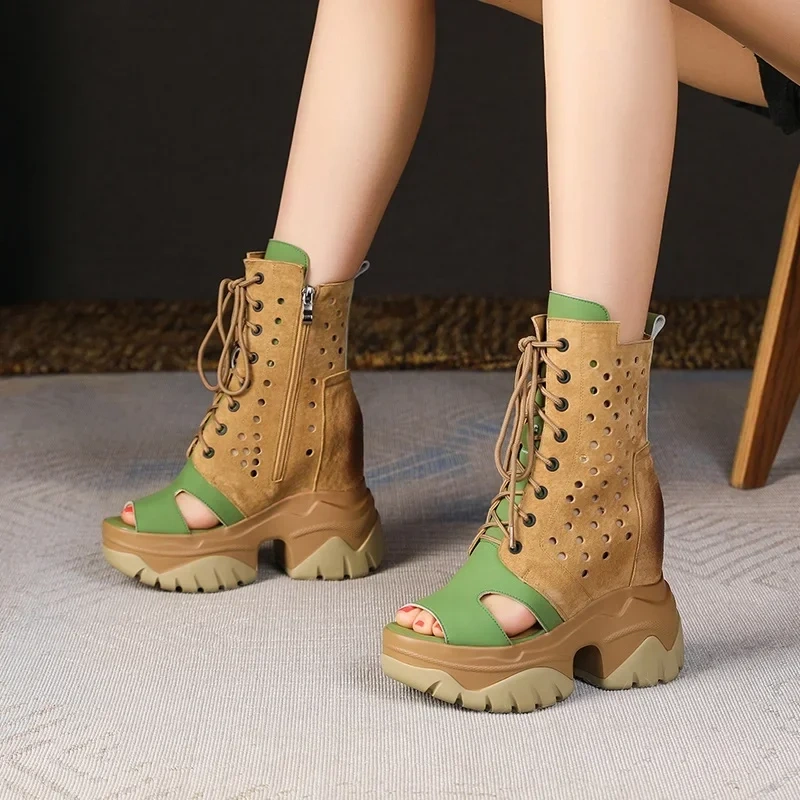 Summer New Slim Platform Peep Toe Wedges Cut-outs Cross-tied Mixed Colors Genuine Leather Women Ankle Short Gladiator Boots 2302