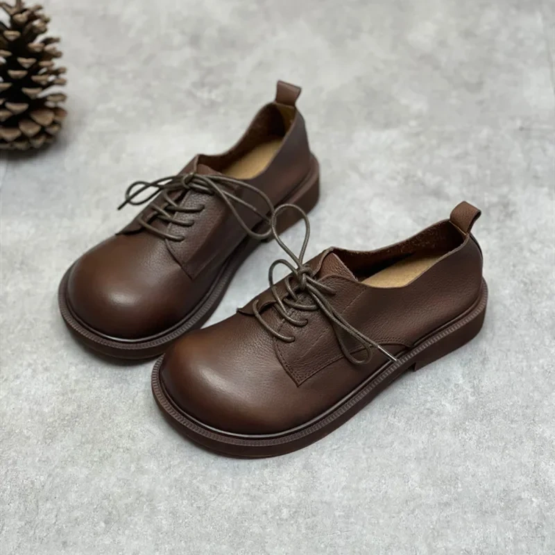 Spring Autmun New British Style Leisure Thick Bottom Sewing Square Toe Lace-Up Genuine Leather Women Casual Low Top Pumps 230413