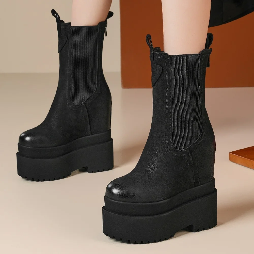 Spring Autumn Winter New British Style Retro 16CM Super High Heels Platform Genuine Leather Women Mid-Calf Chelsea Boots 2410