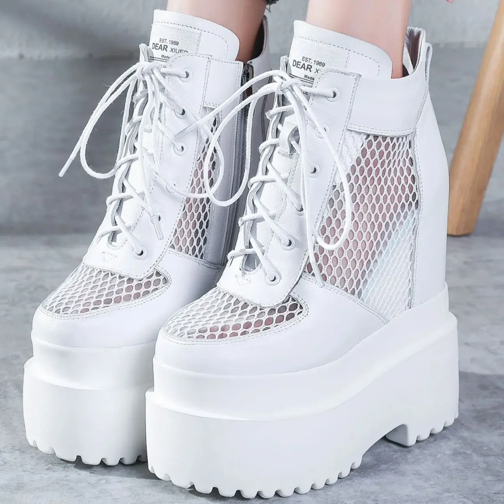 Summer New Slim Height Increasing Platform Cross-tied Hollow Cut Out Mesh Genuine Leather Women Ankle Short Modern Boots 2305