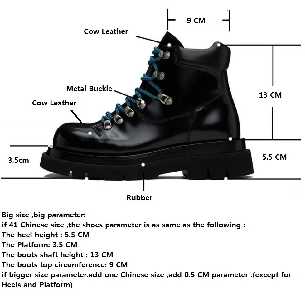 British Punk Style Height Increasing Platform Cross-tied Metal Buckle Size 38-44 Genuine Leather Men Ankle Short Chunky Boots