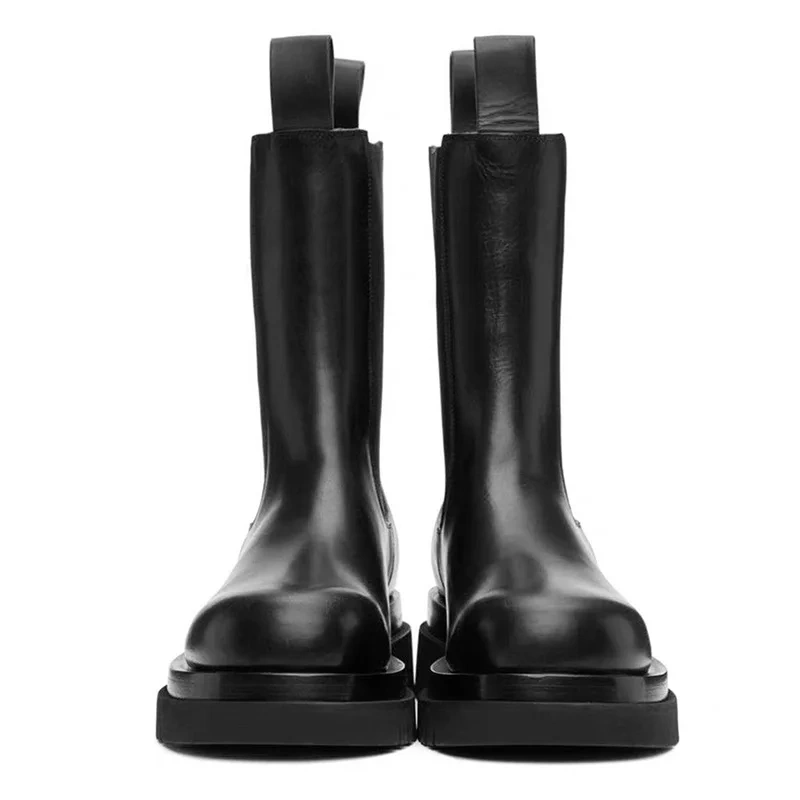 Spring Autumn New British Style Retro Chunky Bottom Platform Stretch Fabric Genuine Leather Men Mid-Calf Half Chelsea Boots 2310