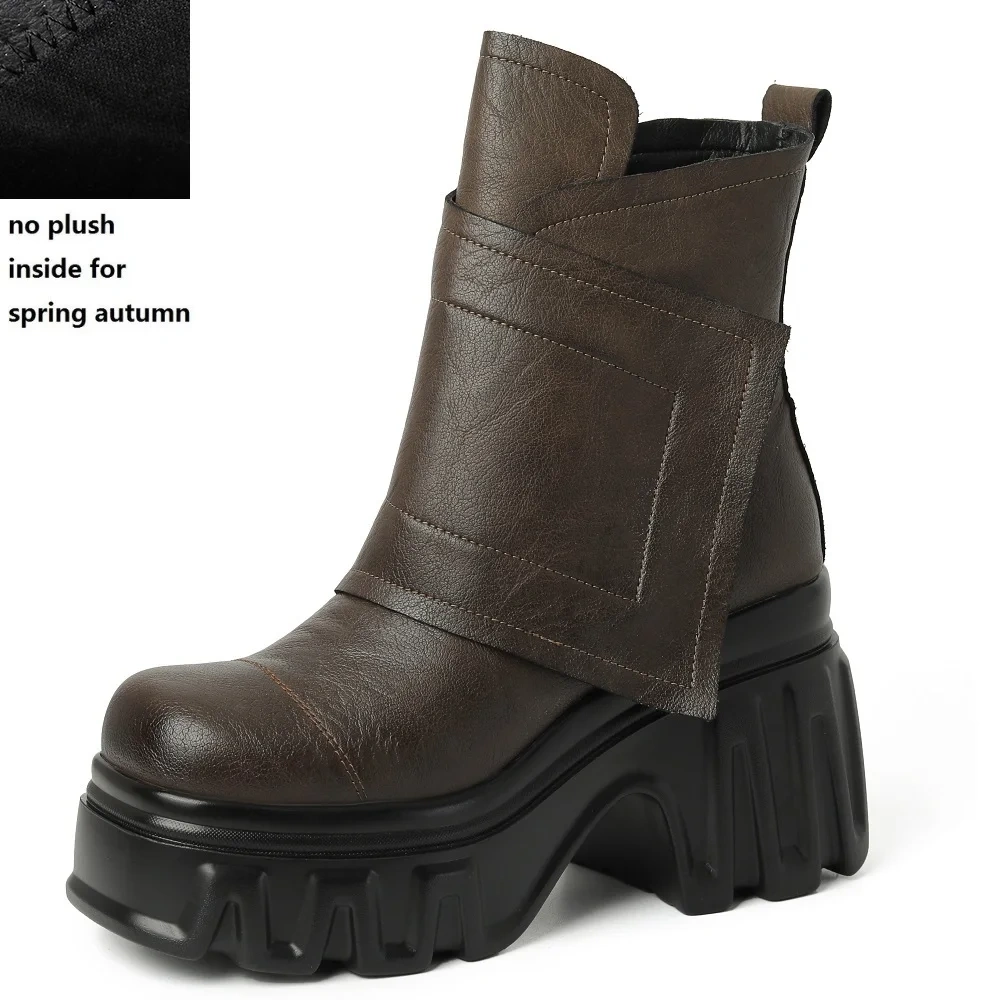 Spring Autumn New Slim 10CM Super High Heels Platform Square Toe Genuine Leather Women Ankle Short Modern Boots Winter Plush