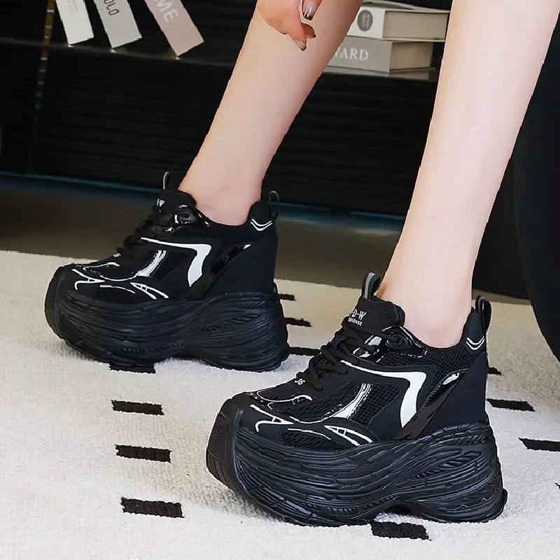 13 CM High Heels Spring Autumn New Slim Height Increasing Platform Lace-Up Genuine Leather Women Casual Shoes Ladies Sneakers